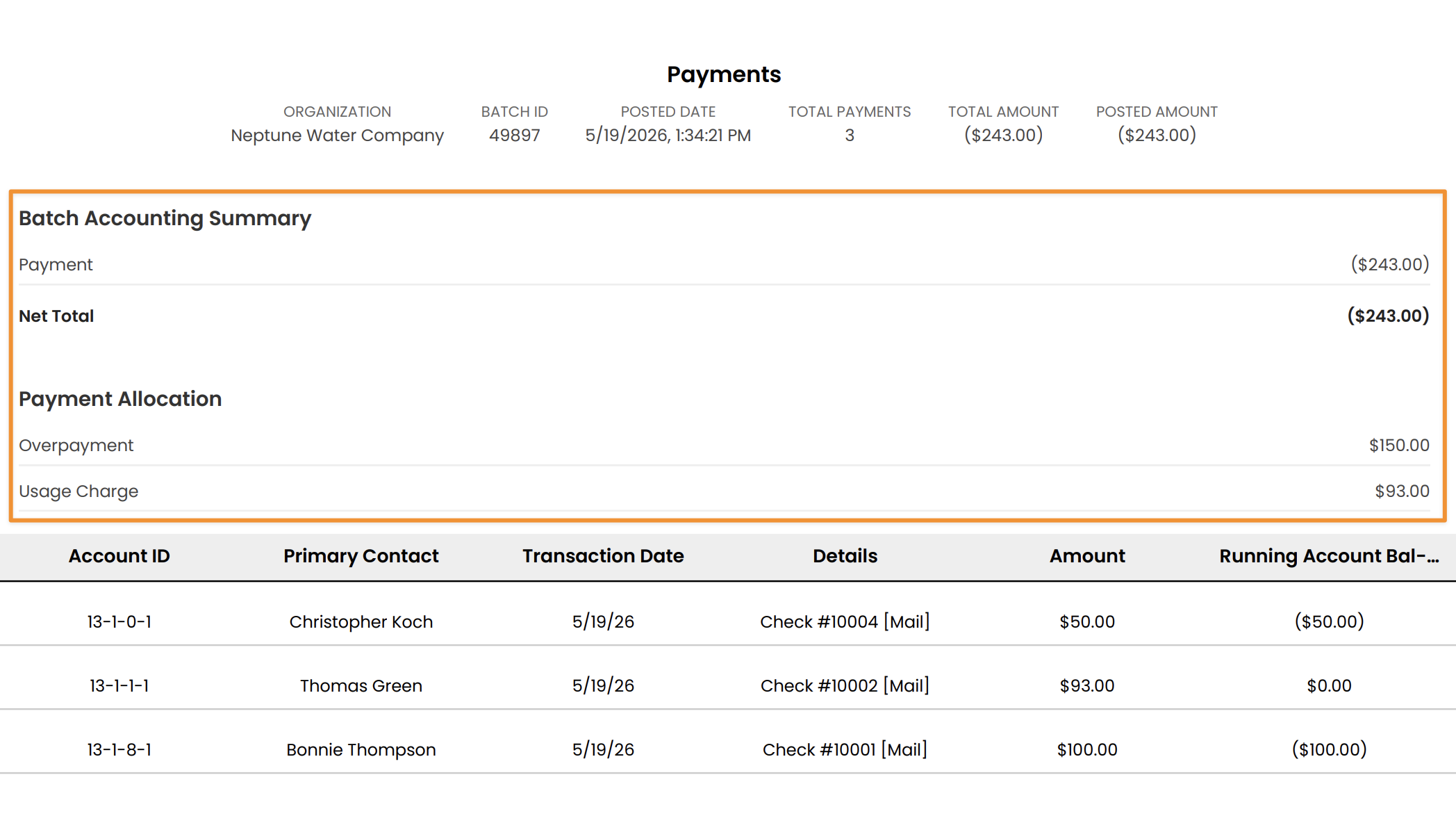 Summary section in payment batch PDFs
